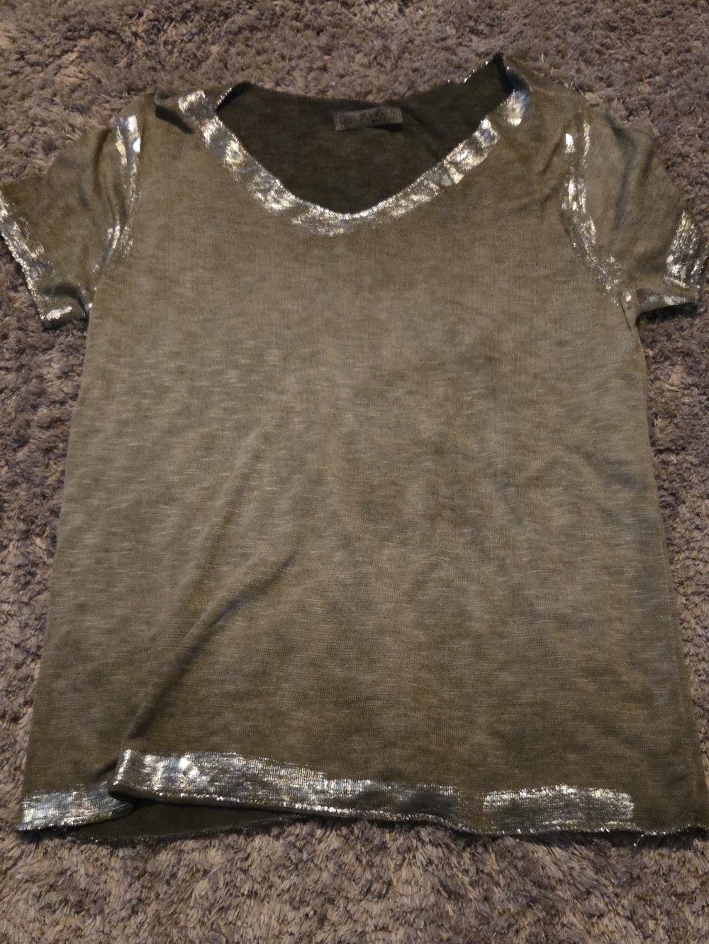 Gray Short Sleeve V-Neck Tee with Silver Trim